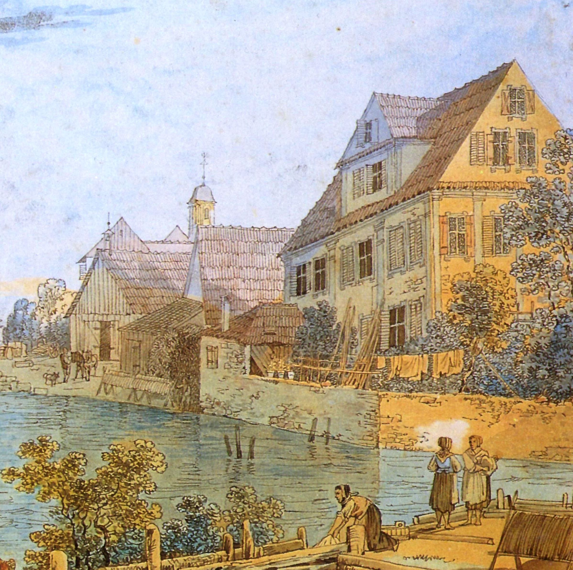 Ein Exponat aus dem umfangreichen Bildarchiv: Kornhütte und späteres Gasthaus zum &quot;Löwen&quot; am &quot;Gondelhafen&quot; (1806)