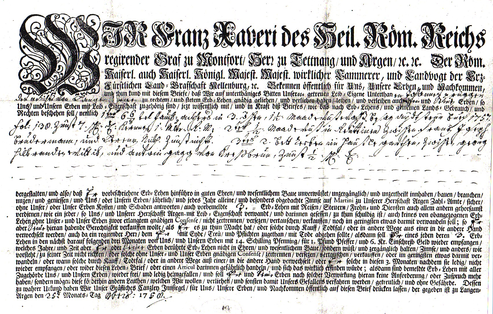 Montfortischer Erblehensbrief aus dem Jahr 1750.