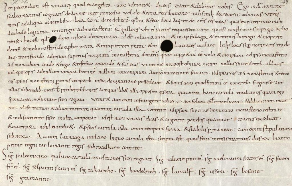 Ältestes schriftliches Zeugnis des Gemeindegebiets: Urkundliche Ersterwähnung Oberdorfs im Jahr 769; Stiftsarchiv St. Gallen.