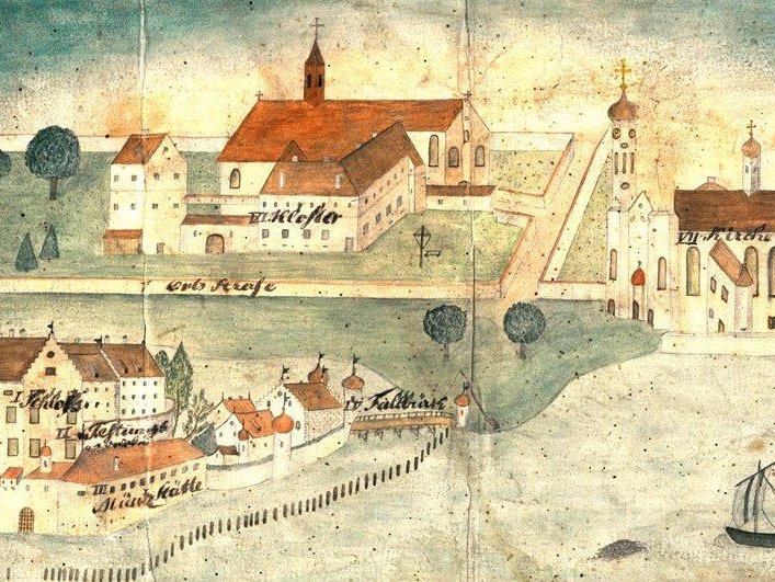 Langenargen als montfortische Nebenresidenz im 18. Jahrhundert mit Schlossinsel, Kapuzinerkloster und Stadtbezirk samt fertiggestellten Barockbauten. Die Stadtmauer ist teilweise noch erhalten. 