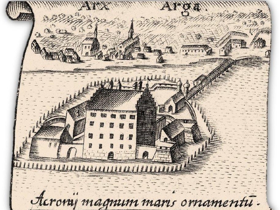Älteste Ansicht der Burg sowie des einstmaligen Siedlungskerns Langenargens samt der ursprünglichen St. Martinskirche und der Nikolauskapelle von P. Andreas Arzet SJ, um 1675; Universität Bern.